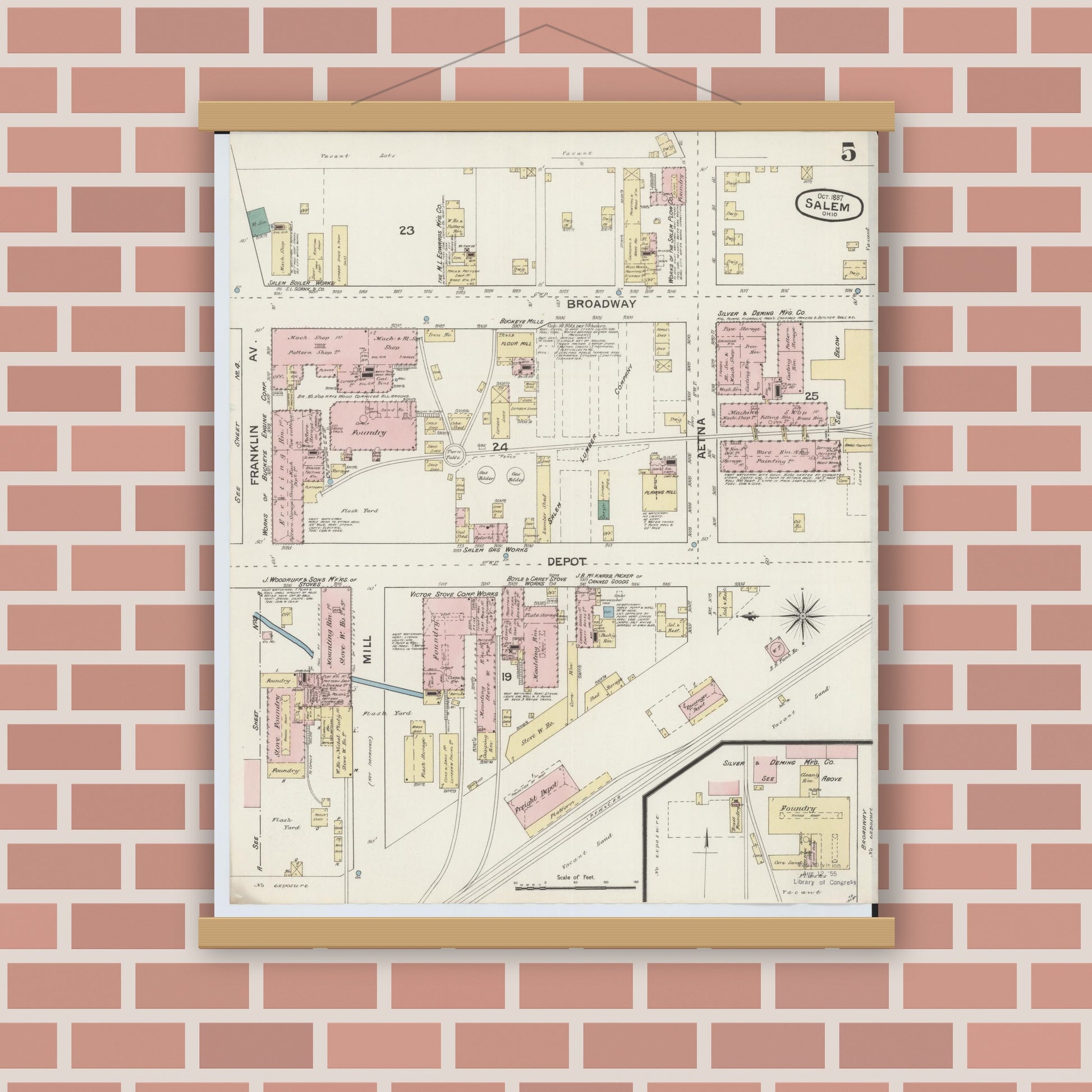 Old map wall art mockup — magnetic wood frame on brick wall — Sanborn Fire Insurance Map from Salem, Columbiana County, Ohio (1887), Sheet #0005