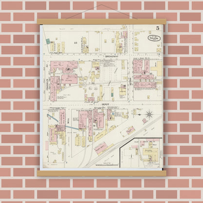 Old map wall art mockup — magnetic wood frame on brick wall — Sanborn Fire Insurance Map from Salem, Columbiana County, Ohio (1887), Sheet #0005