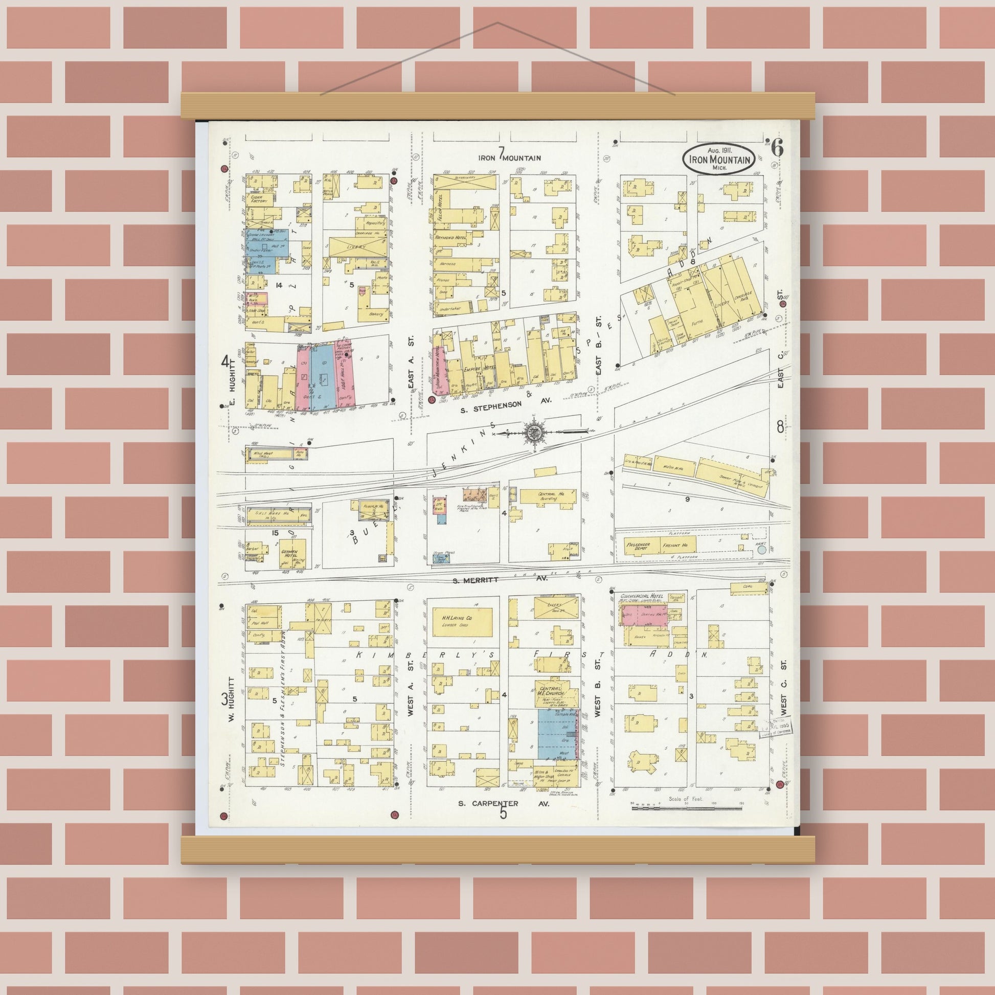 Old map wall art mockup — magnetic wood frame on brick wall — Sanborn Fire Insurance Map from Iron Mountain, Dickinson County, Michigan (1911), Sheet #0006