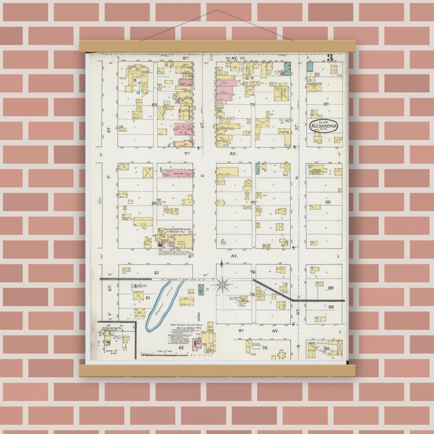 Old map wall art mockup — magnetic wood frame on brick wall — Sanborn Fire Insurance Map from Alexandria, Douglas County, Minnesota (1892), Sheet #0003