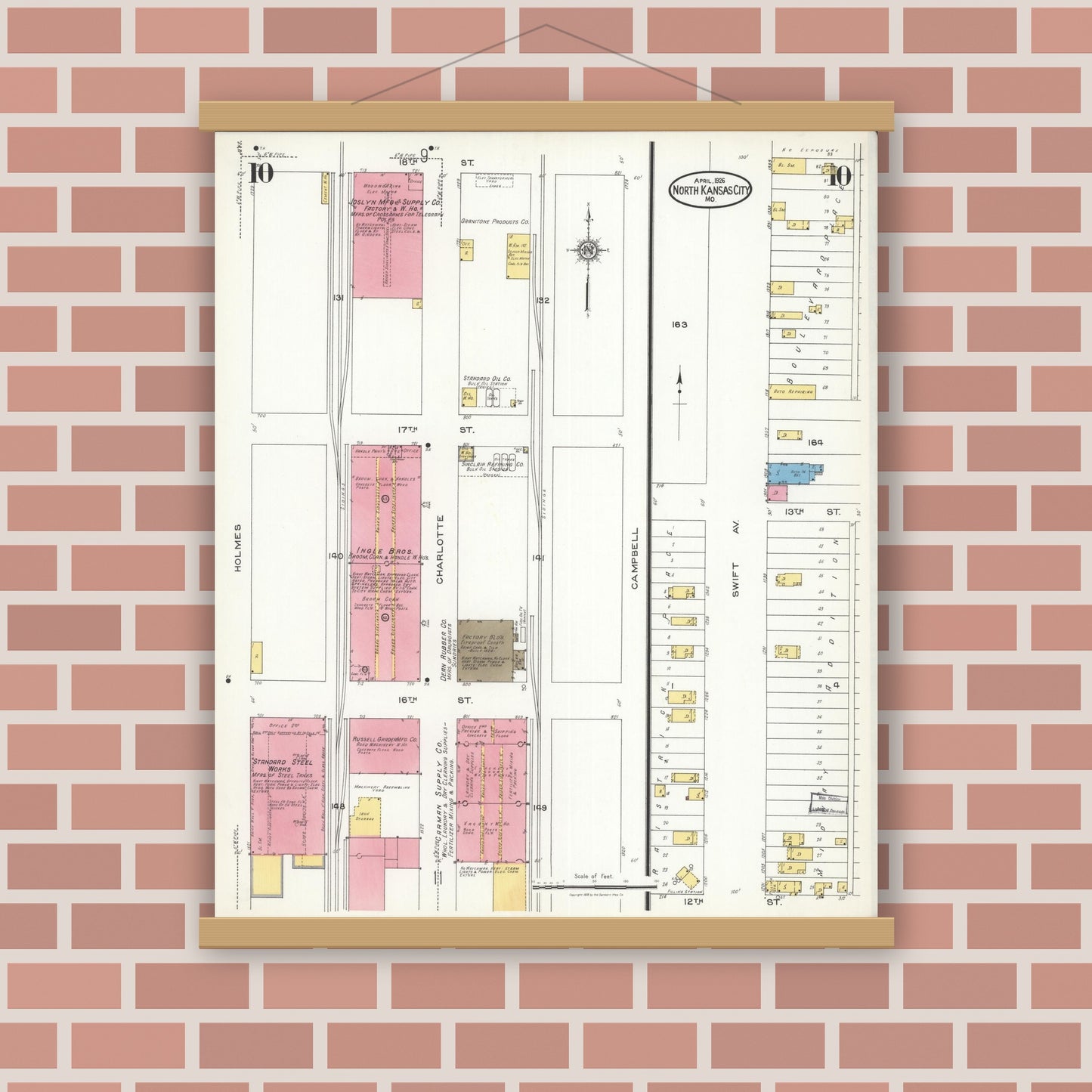 Old map wall art mockup — magnetic wood frame on brick wall — Sanborn Fire Insurance Map from North Kansas City, Clay County, Missouri (1926), Sheet #0010
