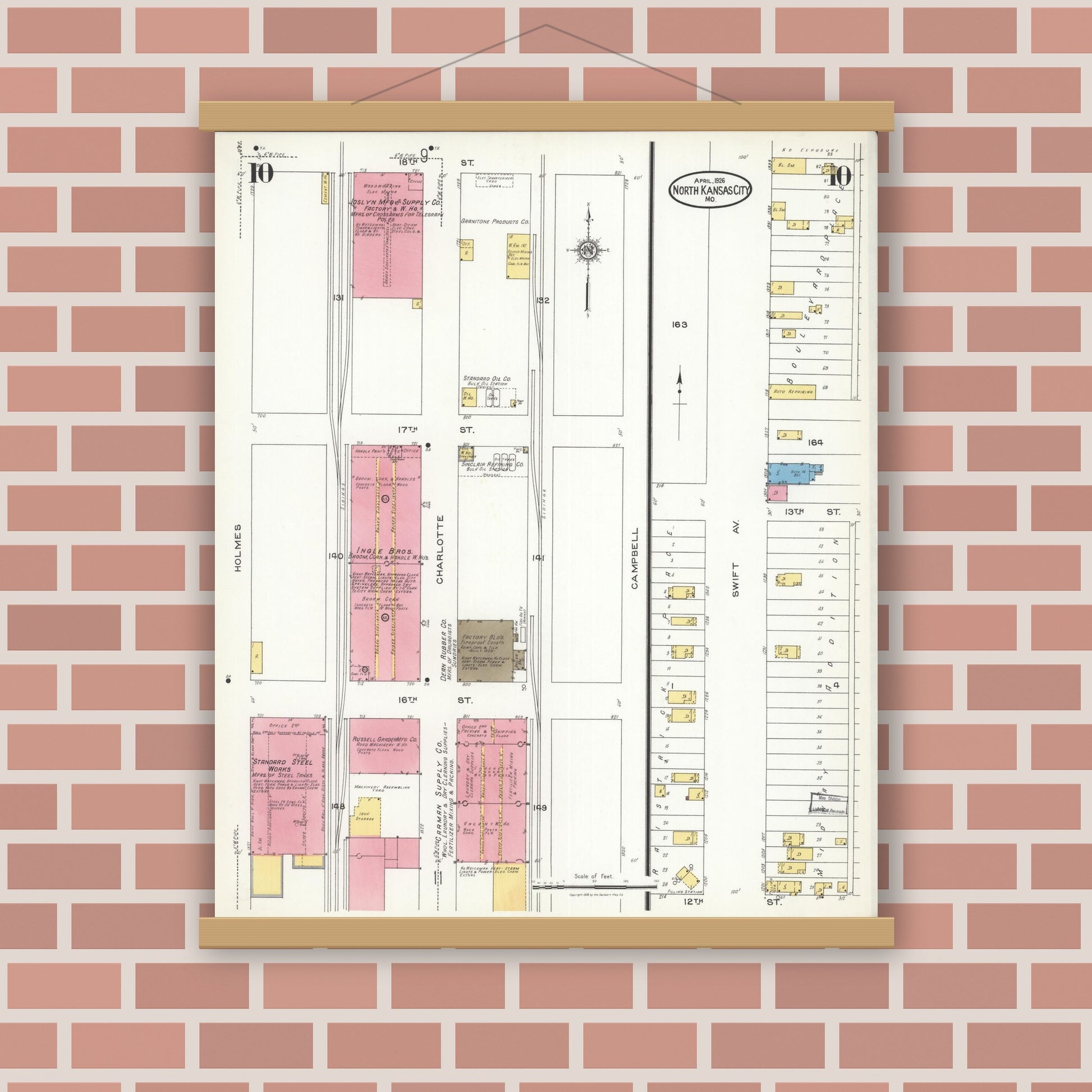 Old map wall art mockup — magnetic wood frame on brick wall — Sanborn Fire Insurance Map from North Kansas City, Clay County, Missouri (1926), Sheet #0010