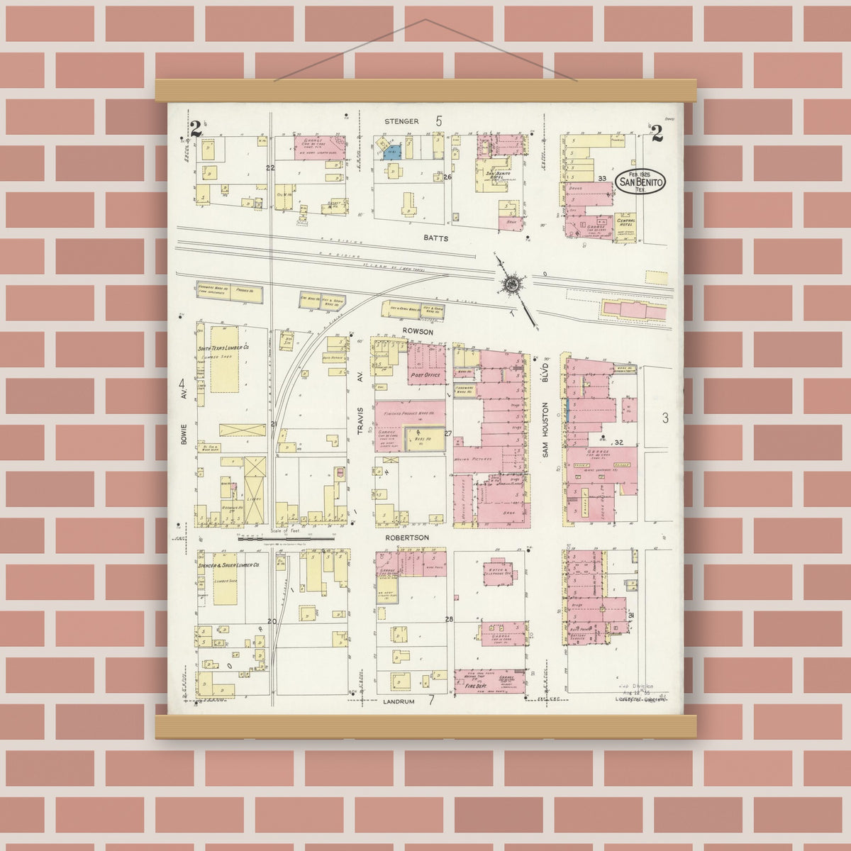 Old map wall art mockup — magnetic wood frame on brick wall — Sanborn Fire Insurance Map from San Benito, Cameron County, Texas (1925), Sheet #0002