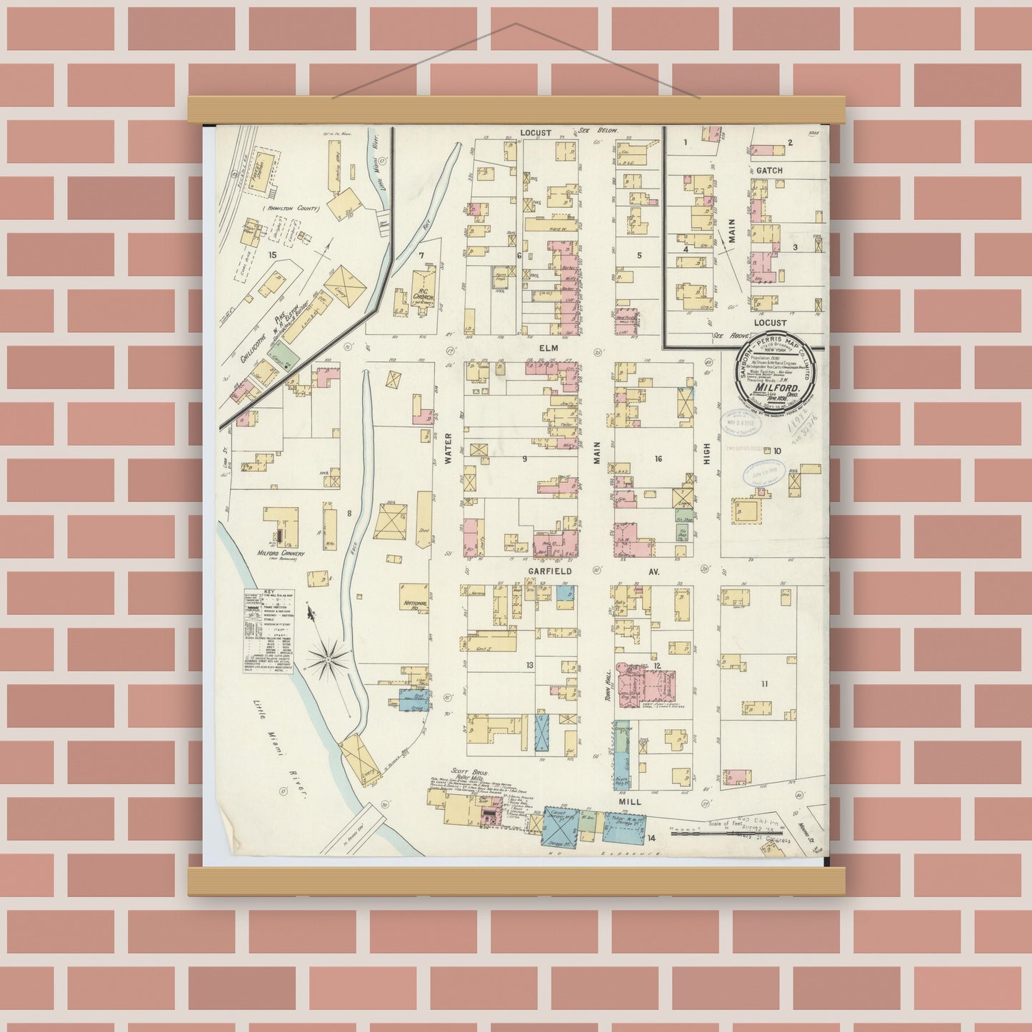 Old map wall art mockup — magnetic wood frame on brick wall — Sanborn Fire Insurance Map from Milford, Clermont And Hamilton County, Ohio (1898), Sheet #0001