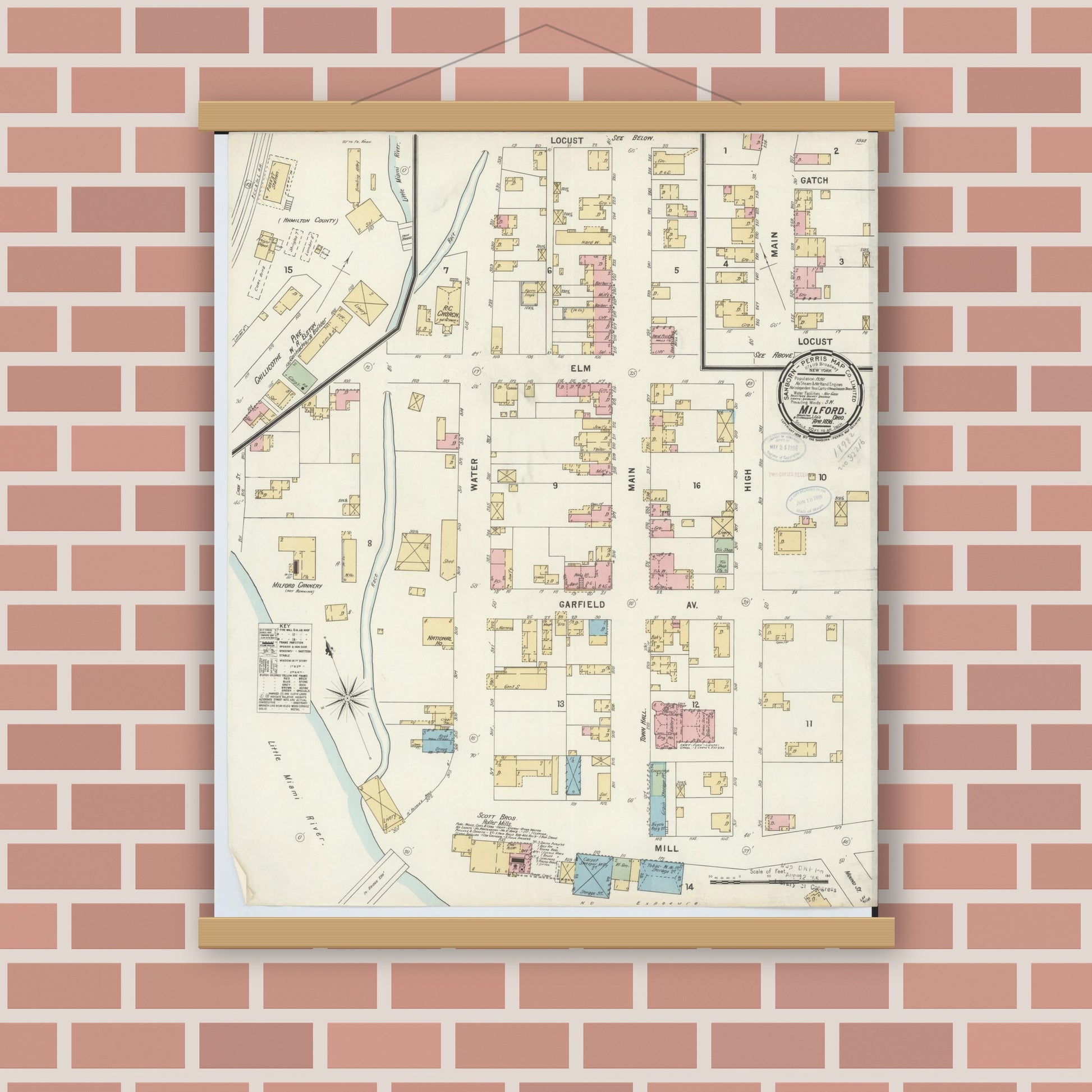 Old map wall art mockup — magnetic wood frame on brick wall — Sanborn Fire Insurance Map from Milford, Clermont And Hamilton County, Ohio (1898), Sheet #0001