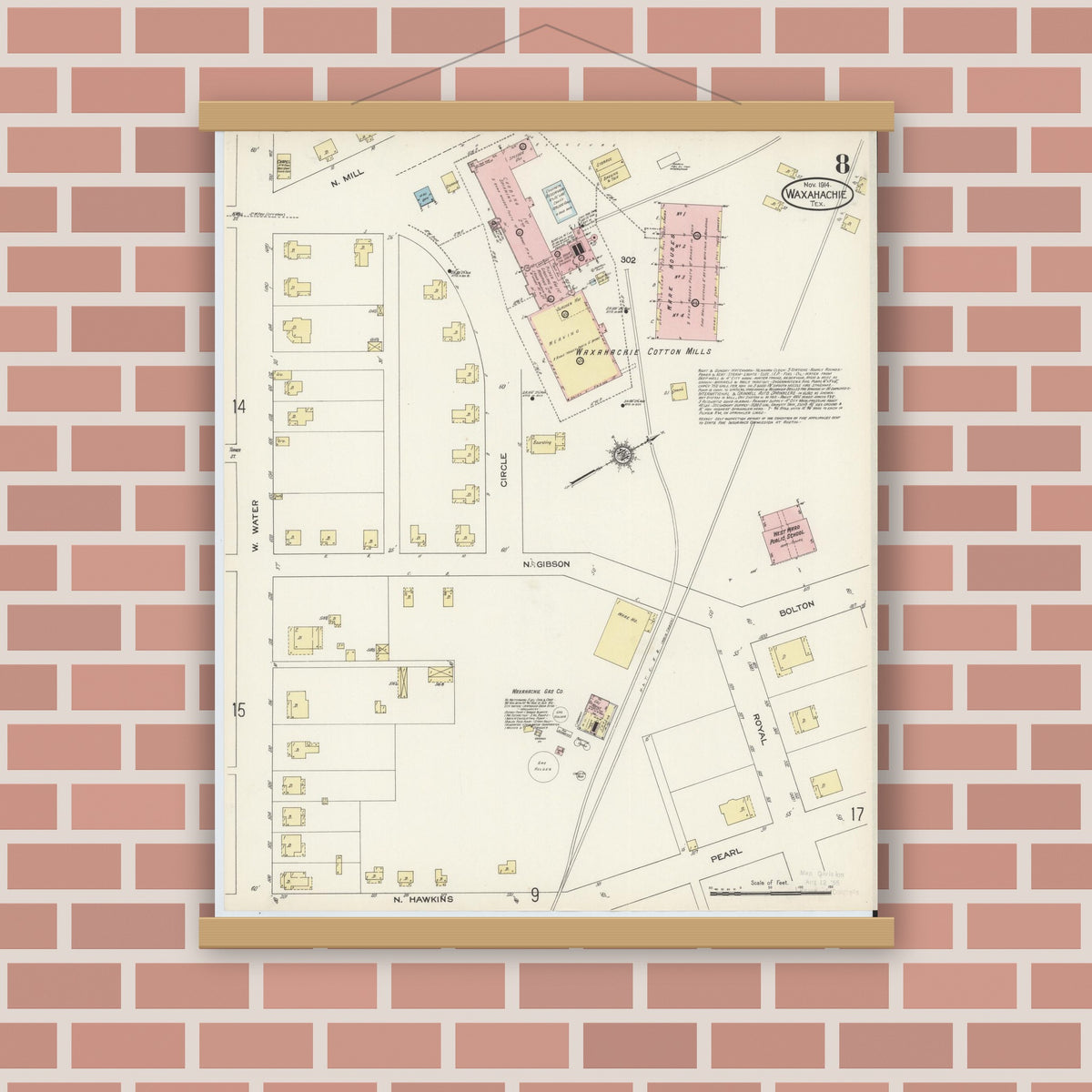 Old map wall art mockup — magnetic wood frame on brick wall — Sanborn Fire Insurance Map from Waxahachie, Ellis County, Texas (1914), Sheet #0008
