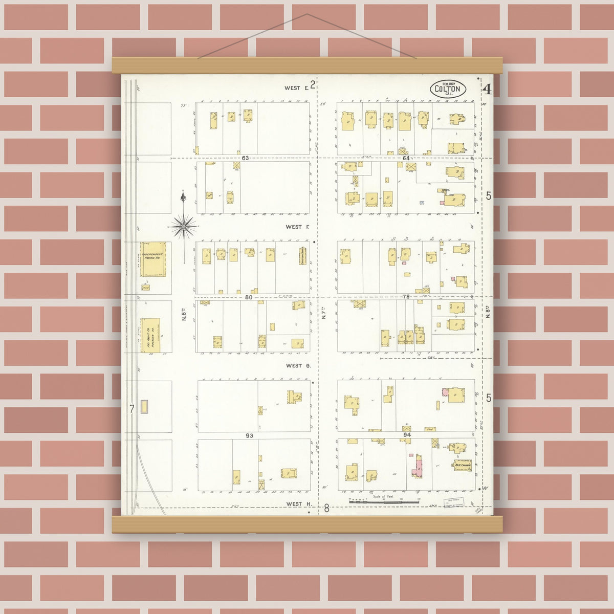 Old map wall art mockup — magnetic wood frame on brick wall — Sanborn Fire Insurance Map from Colton, San Bernardino County, California (1907), Sheet #0004