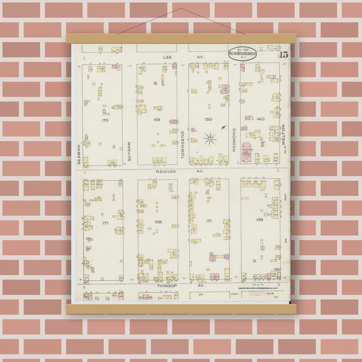 Old map wall art mockup — magnetic wood frame on brick wall — Sanborn Fire Insurance Map from New Brunswick, Middlesex County, New Jersey (1886), Sheet #0015
