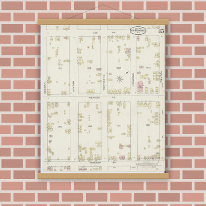 Old map wall art mockup — magnetic wood frame on brick wall — Sanborn Fire Insurance Map from New Brunswick, Middlesex County, New Jersey (1886), Sheet #0015