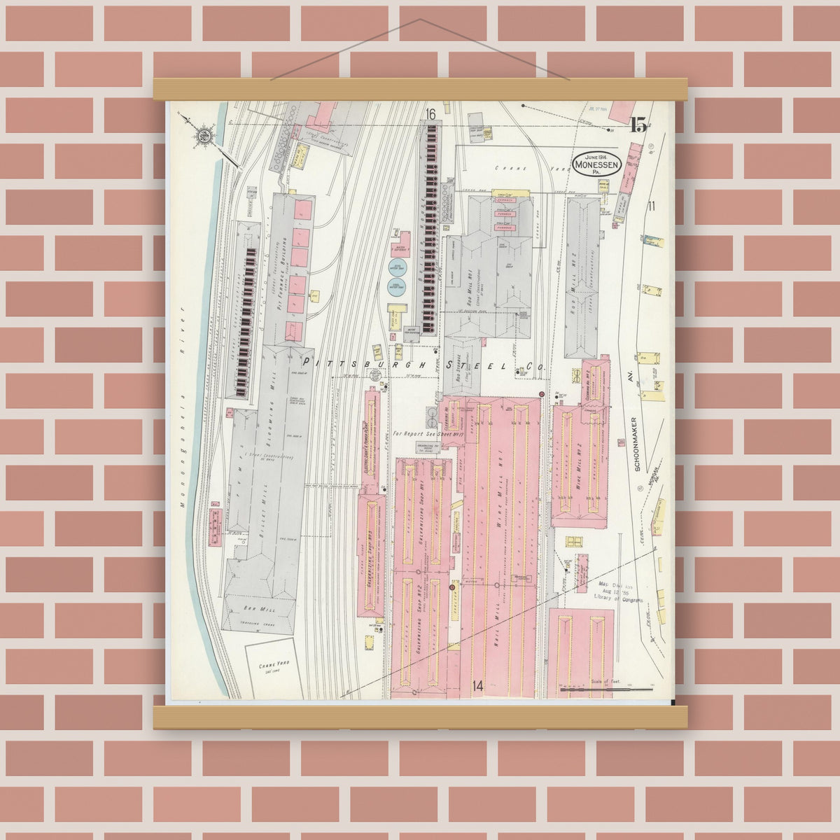 Old map wall art mockup — magnetic wood frame on brick wall — Sanborn Fire Insurance Map from Monessen, Westmoreland County, Pennsylvania (1914), Sheet #0015