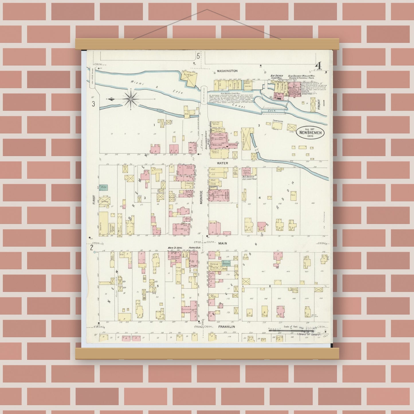 Old map wall art mockup — magnetic wood frame on brick wall — Sanborn Fire Insurance Map from New Bremen, Auglaize County, Ohio (1907), Sheet #0004