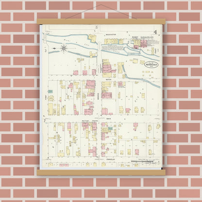 Old map wall art mockup — magnetic wood frame on brick wall — Sanborn Fire Insurance Map from New Bremen, Auglaize County, Ohio (1907), Sheet #0004