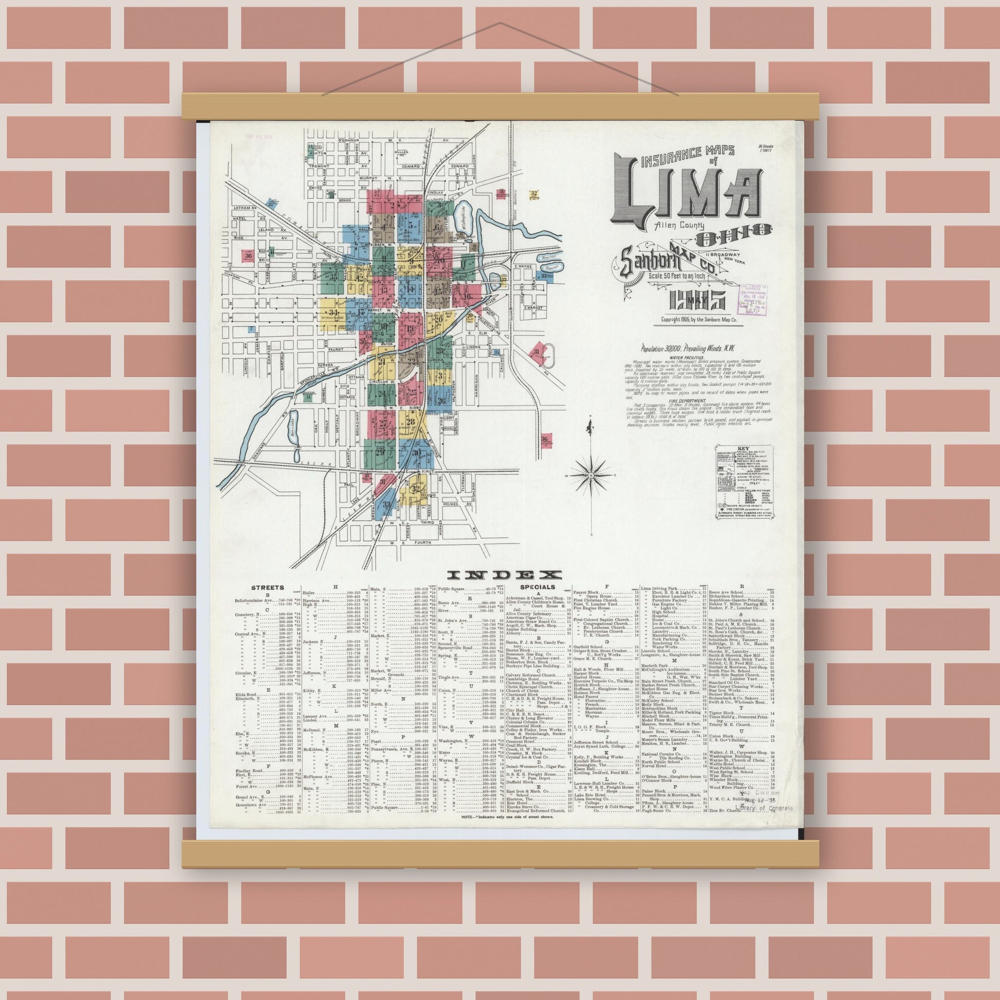 Old map wall art mockup — magnetic wood frame on brick wall — Sanborn Fire Insurance Map from Lima, Allen County, Ohio (1905) - Complete Map Set