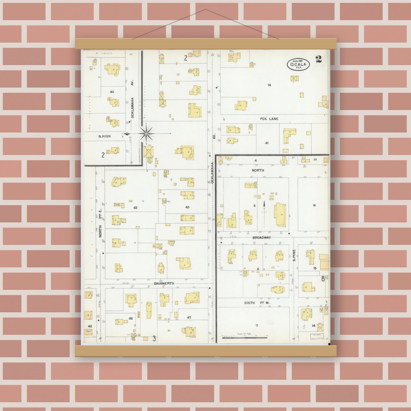 Old map wall art mockup — magnetic wood frame on brick wall — Sanborn Fire Insurance Map from Ocala, Marion County, Florida (1901), Sheet #0002