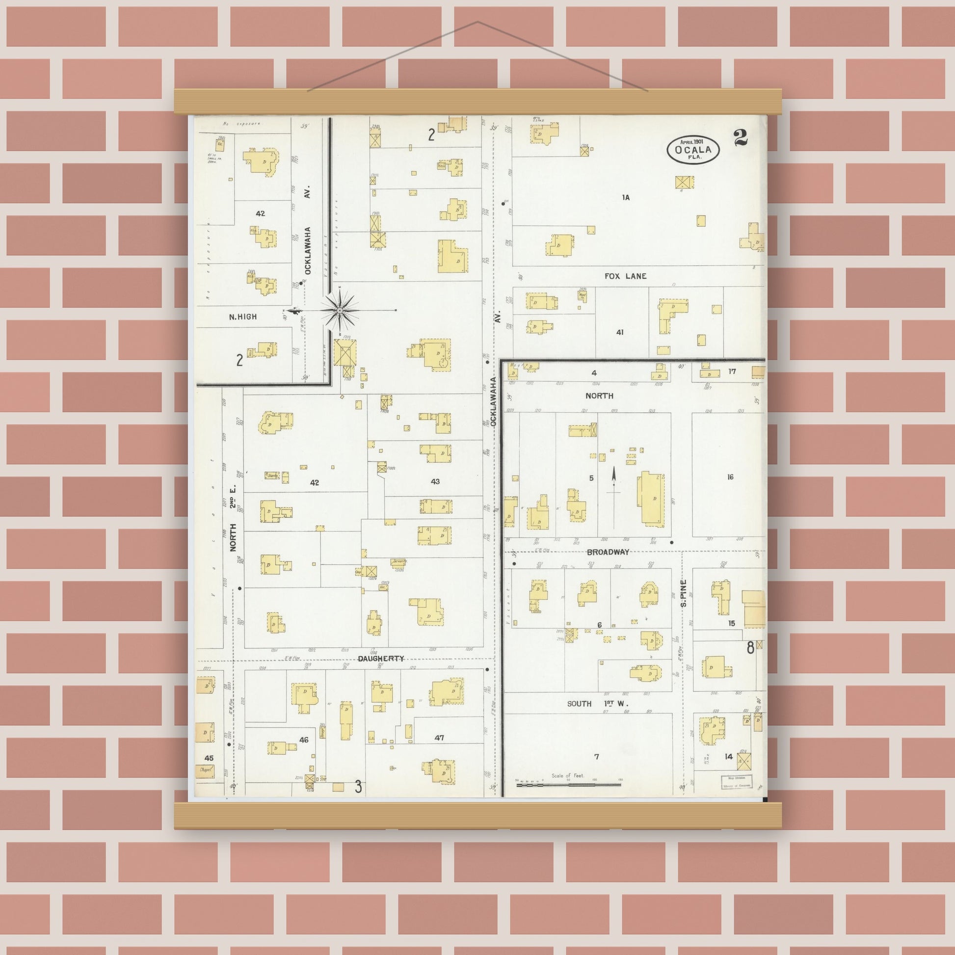 Old map wall art mockup — magnetic wood frame on brick wall — Sanborn Fire Insurance Map from Ocala, Marion County, Florida (1901), Sheet #0002