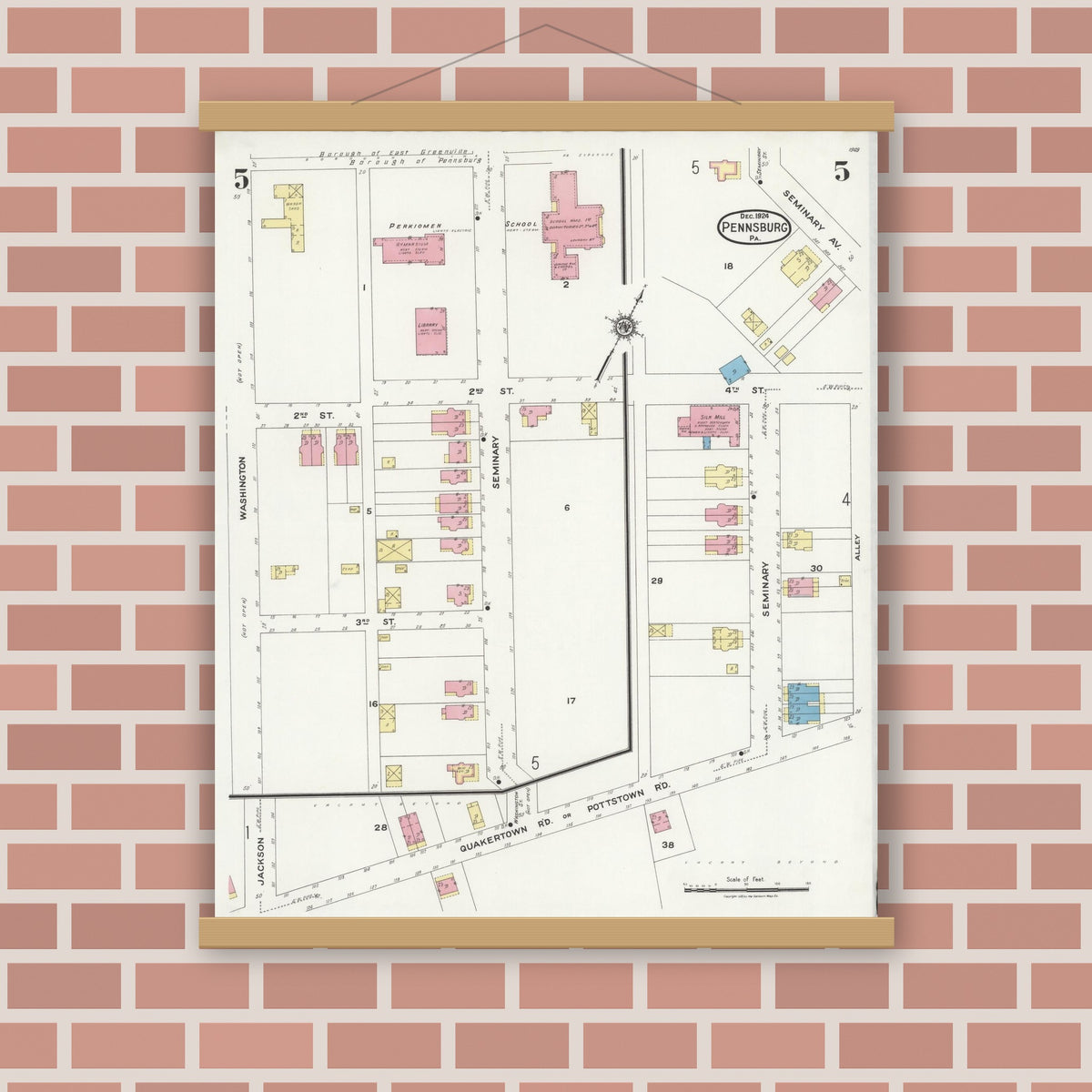 Old map wall art mockup — magnetic wood frame on brick wall — Sanborn Fire Insurance Map from Pennsburg, Montgomery County, Pennsylvania (1924), Sheet #0005