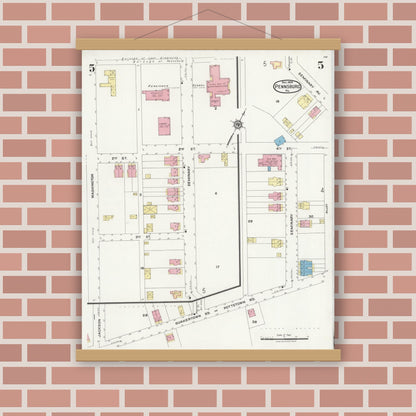 Old map wall art mockup — magnetic wood frame on brick wall — Sanborn Fire Insurance Map from Pennsburg, Montgomery County, Pennsylvania (1924), Sheet #0005