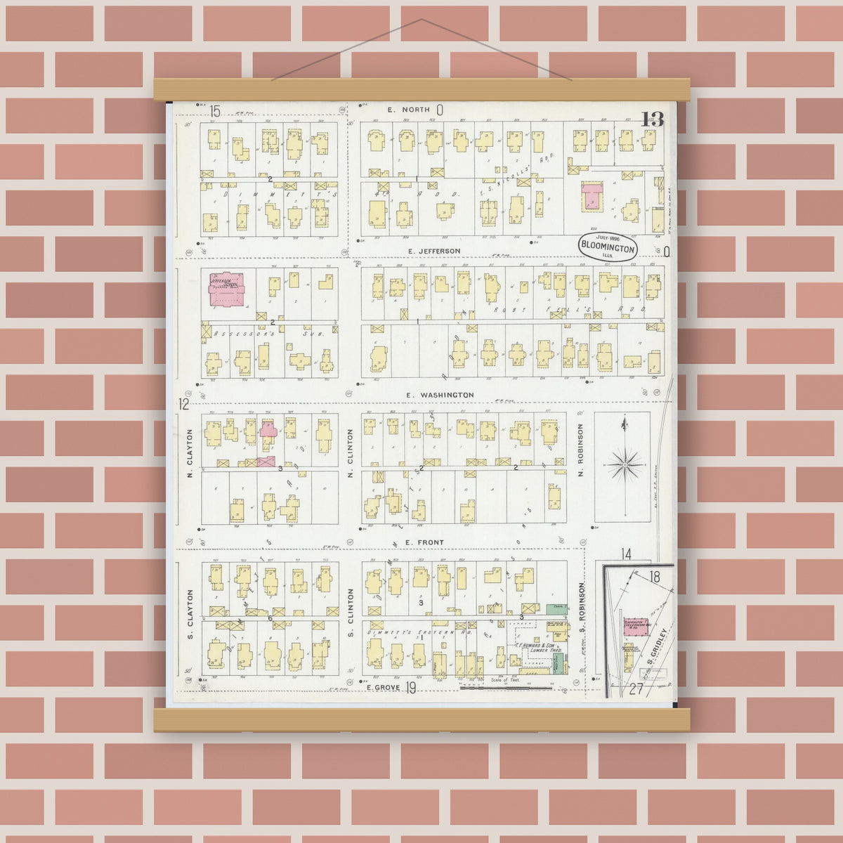 Old map wall art mockup — magnetic wood frame on brick wall — Sanborn Fire Insurance Map from Bloomington, McLean County, Illinois (1896), Sheet #0013