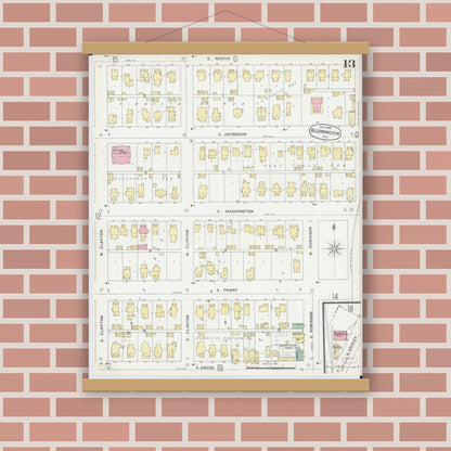 Old map wall art mockup — magnetic wood frame on brick wall — Sanborn Fire Insurance Map from Bloomington, McLean County, Illinois (1896), Sheet #0013