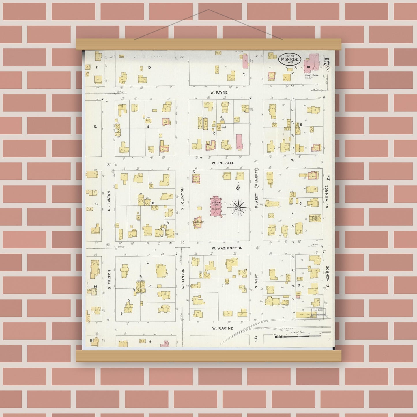 Old map wall art mockup — magnetic wood frame on brick wall — Sanborn Fire Insurance Map from Monroe, Green County, Wisconsin (1908), Sheet #0005