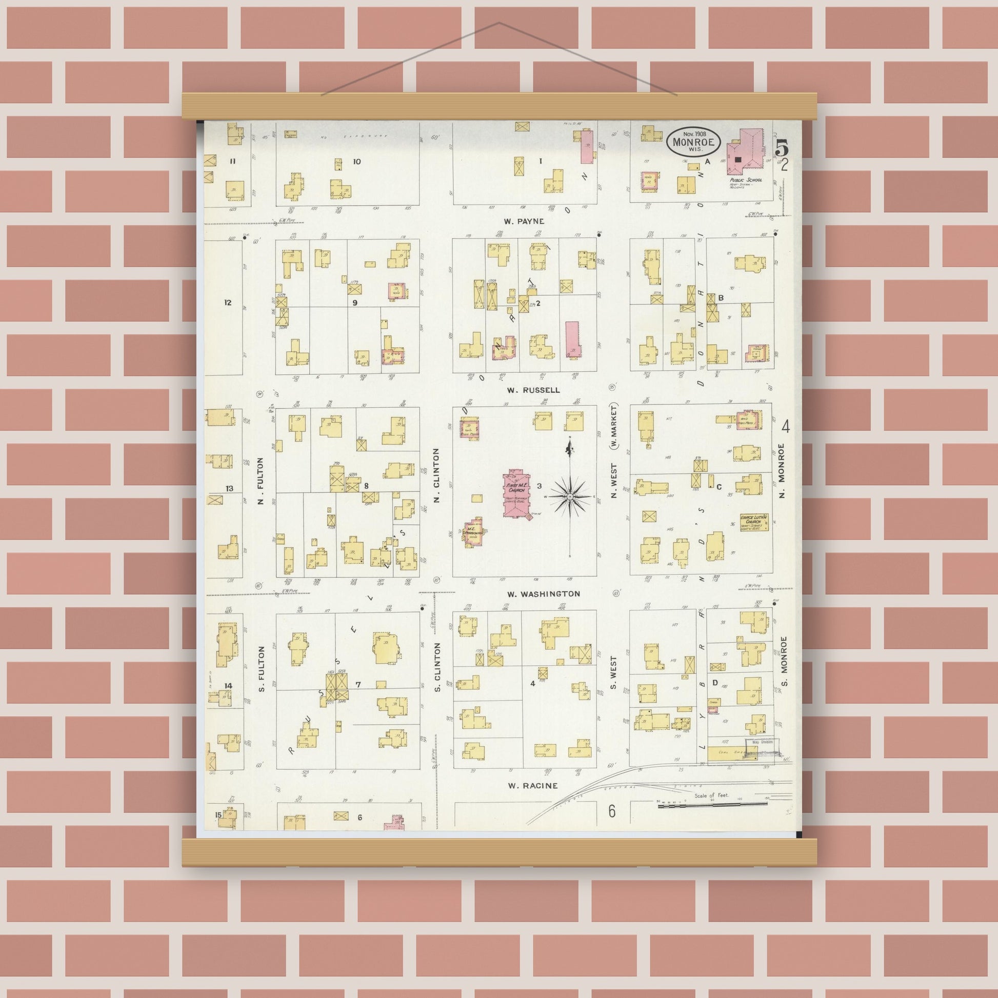 Old map wall art mockup — magnetic wood frame on brick wall — Sanborn Fire Insurance Map from Monroe, Green County, Wisconsin (1908), Sheet #0005