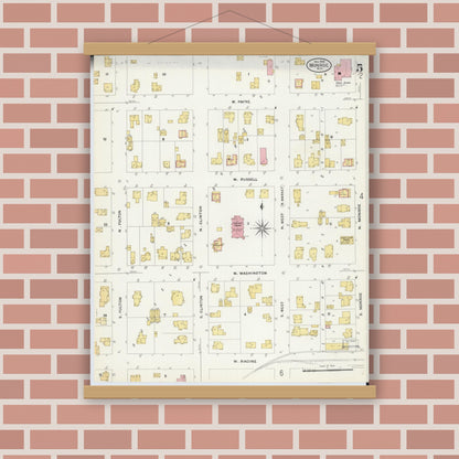 Old map wall art mockup — magnetic wood frame on brick wall — Sanborn Fire Insurance Map from Monroe, Green County, Wisconsin (1908), Sheet #0005