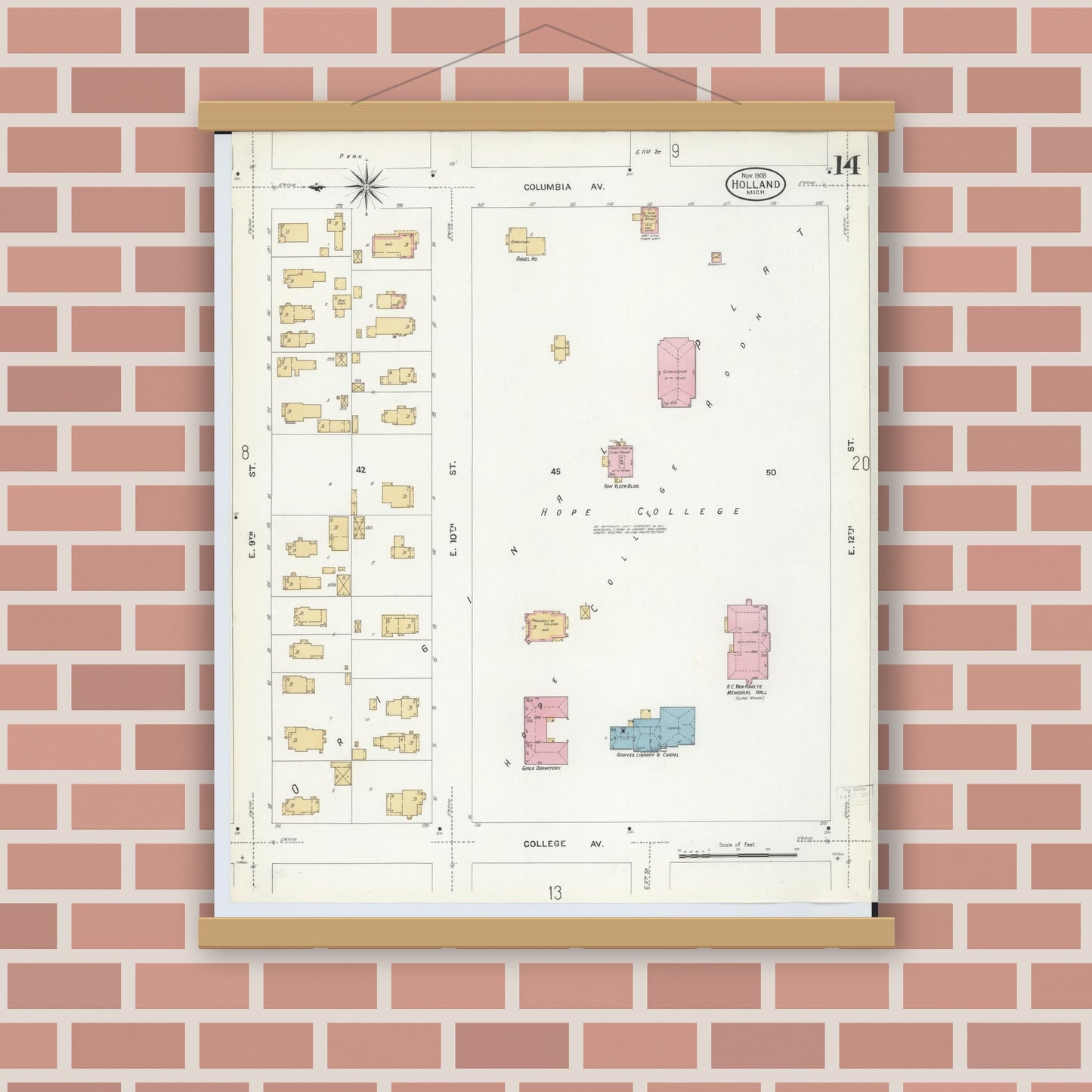 Old map wall art mockup — magnetic wood frame on brick wall — Sanborn Fire Insurance Map from Holland, Ottawa County, Michigan (1908), Sheet #0014