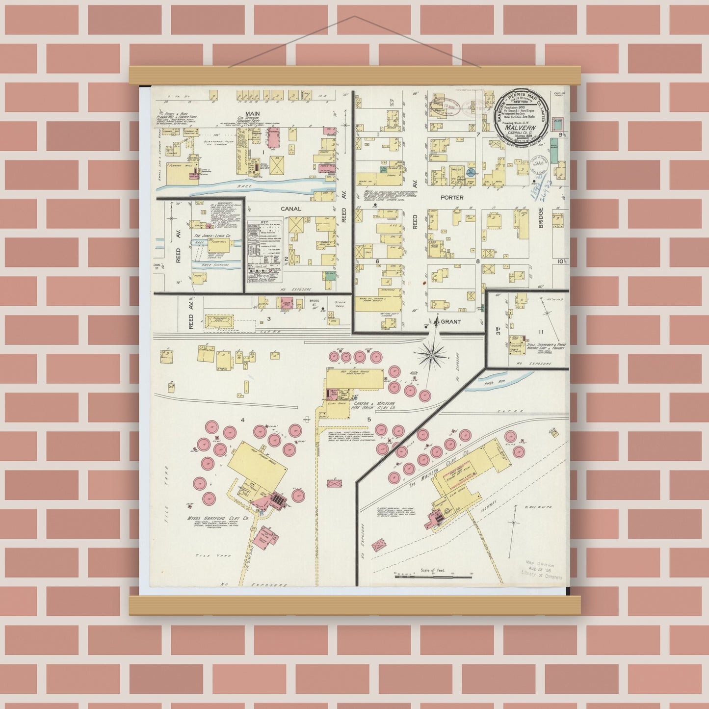 Old map wall art mockup — magnetic wood frame on brick wall — Sanborn Fire Insurance Map from Malvern, Carroll County, Ohio (1899), Sheet #0001