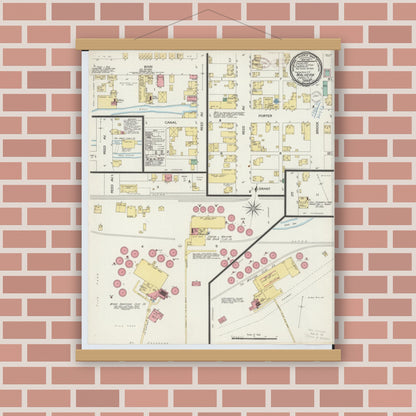 Old map wall art mockup — magnetic wood frame on brick wall — Sanborn Fire Insurance Map from Malvern, Carroll County, Ohio (1899), Sheet #0001