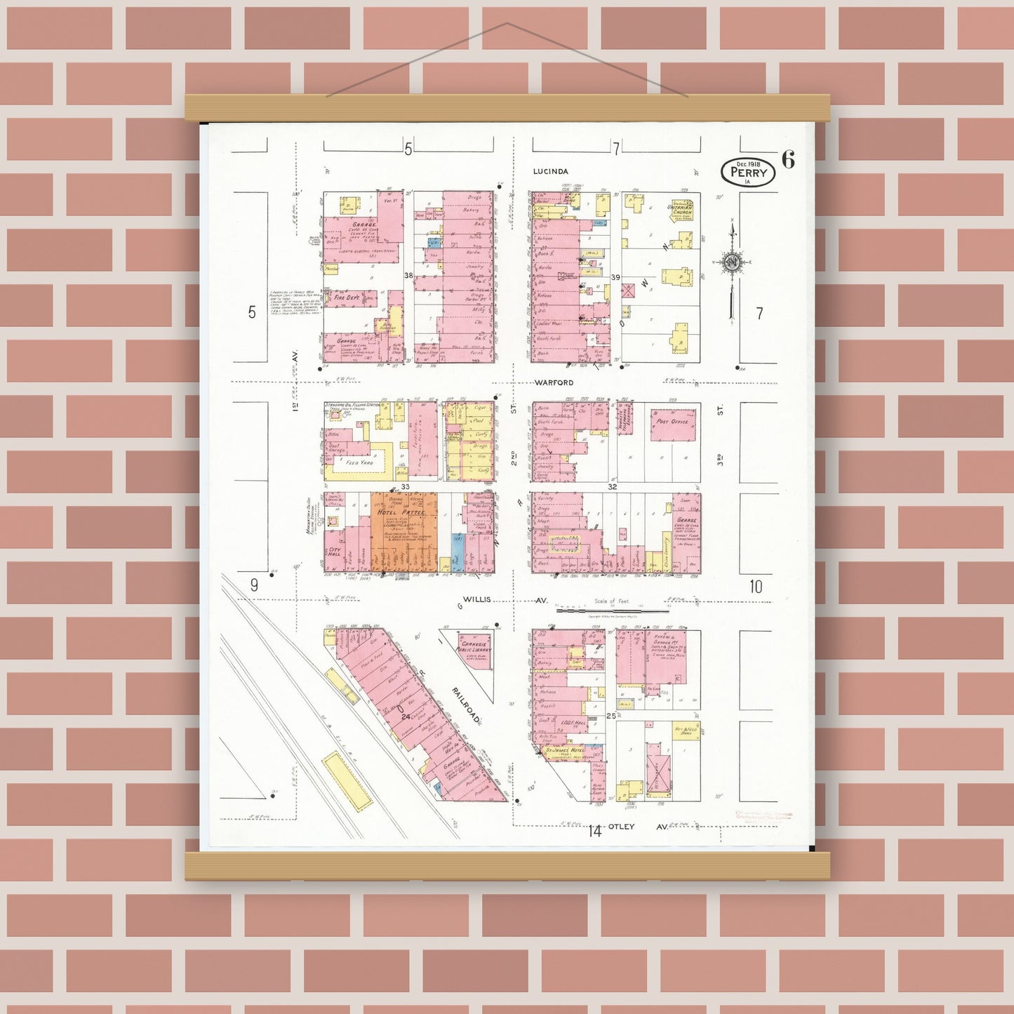 Old map wall art mockup — magnetic wood frame on brick wall — Sanborn Fire Insurance Map from Perry, Dallas County, Iowa (1918), Sheet #0006