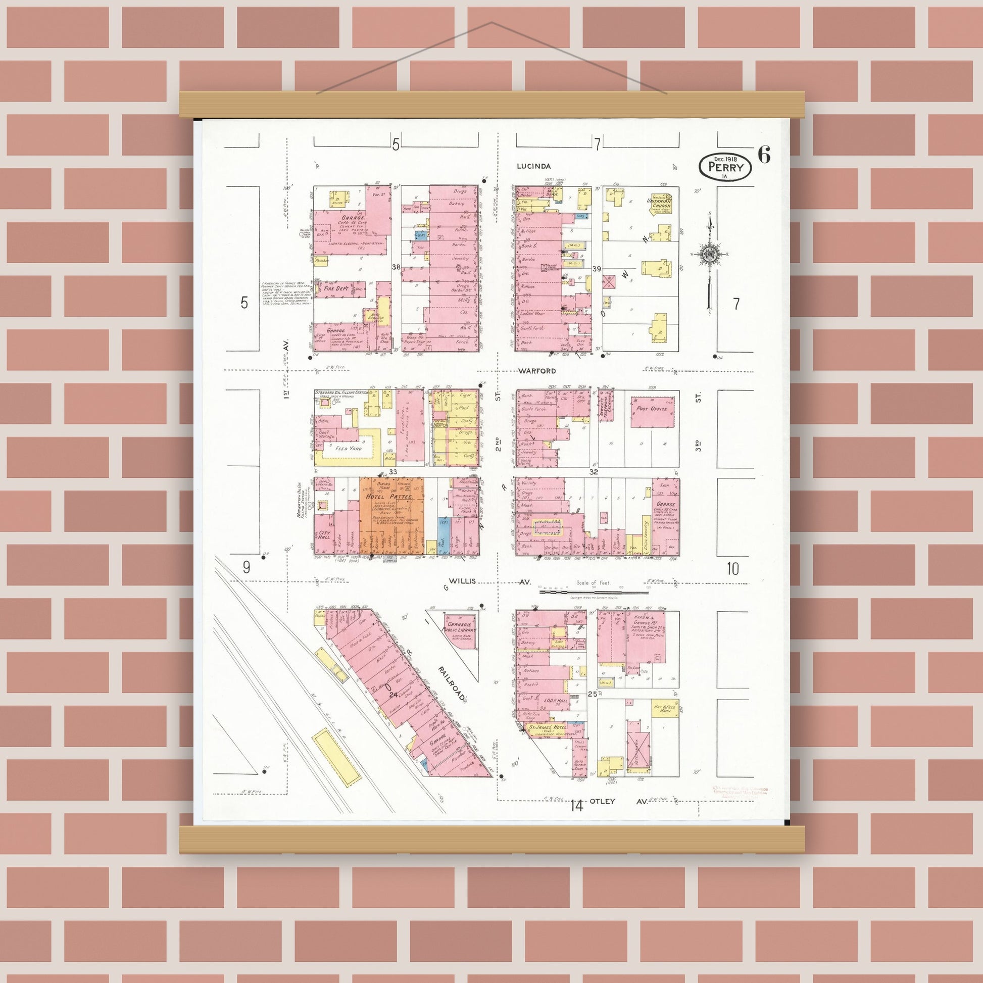 Old map wall art mockup — magnetic wood frame on brick wall — Sanborn Fire Insurance Map from Perry, Dallas County, Iowa (1918), Sheet #0006