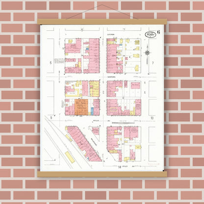 Old map wall art mockup — magnetic wood frame on brick wall — Sanborn Fire Insurance Map from Perry, Dallas County, Iowa (1918), Sheet #0006