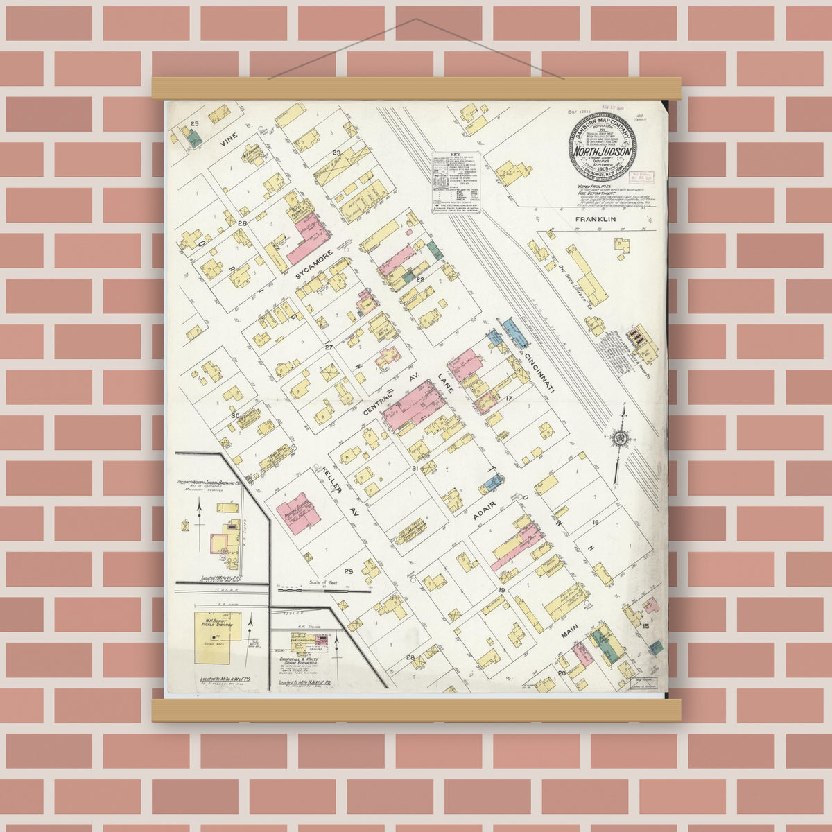 Old map wall art mockup — magnetic wood frame on brick wall — Sanborn Fire Insurance Map from North Judson, Starke County, Indiana (1909), Sheet #0001