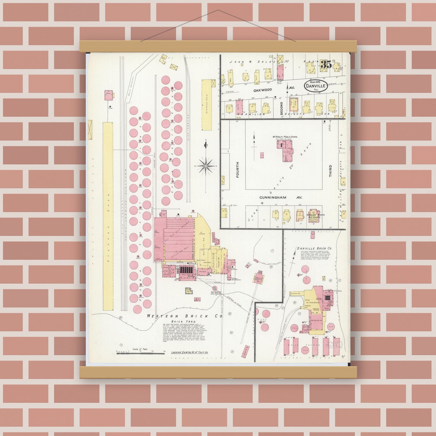 Old map wall art mockup — magnetic wood frame on brick wall — Sanborn Fire Insurance Map from Danville, Vermilion County, Illinois (1909), Sheet #0035