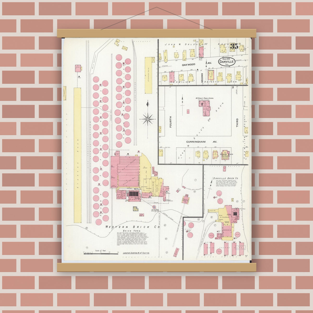 Old map wall art mockup — magnetic wood frame on brick wall — Sanborn Fire Insurance Map from Danville, Vermilion County, Illinois (1909), Sheet #0035