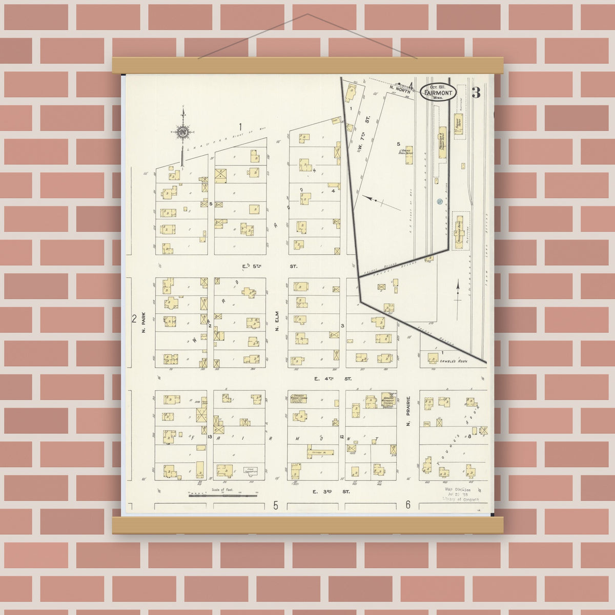 Old map wall art mockup — magnetic wood frame on brick wall — Sanborn Fire Insurance Map from Fairmont, Martin County, Minnesota (1911), Sheet #0003
