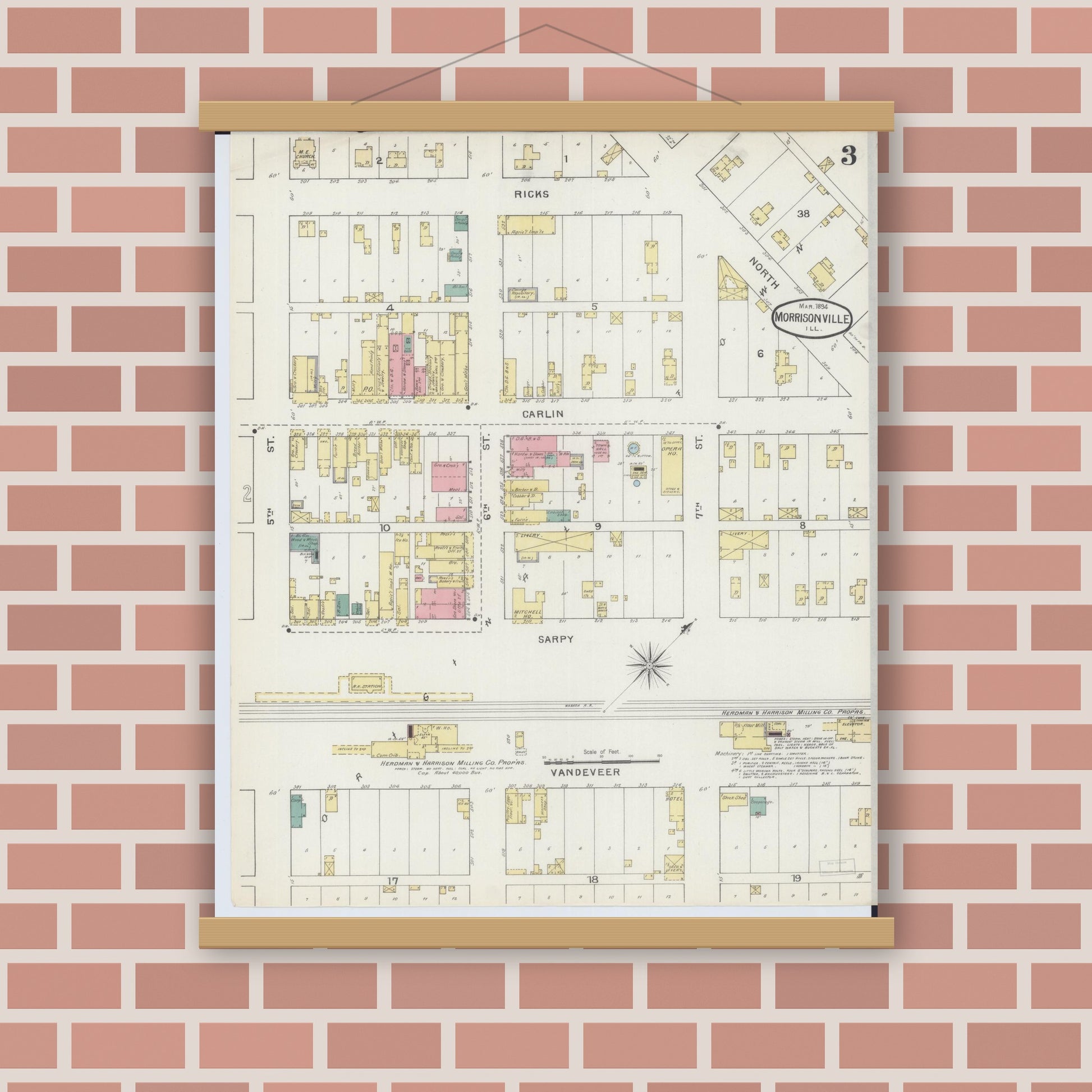 Old map wall art mockup — magnetic wood frame on brick wall — Sanborn Fire Insurance Map from Morrisonville, Christian County, Illinois (1894), Sheet #0003