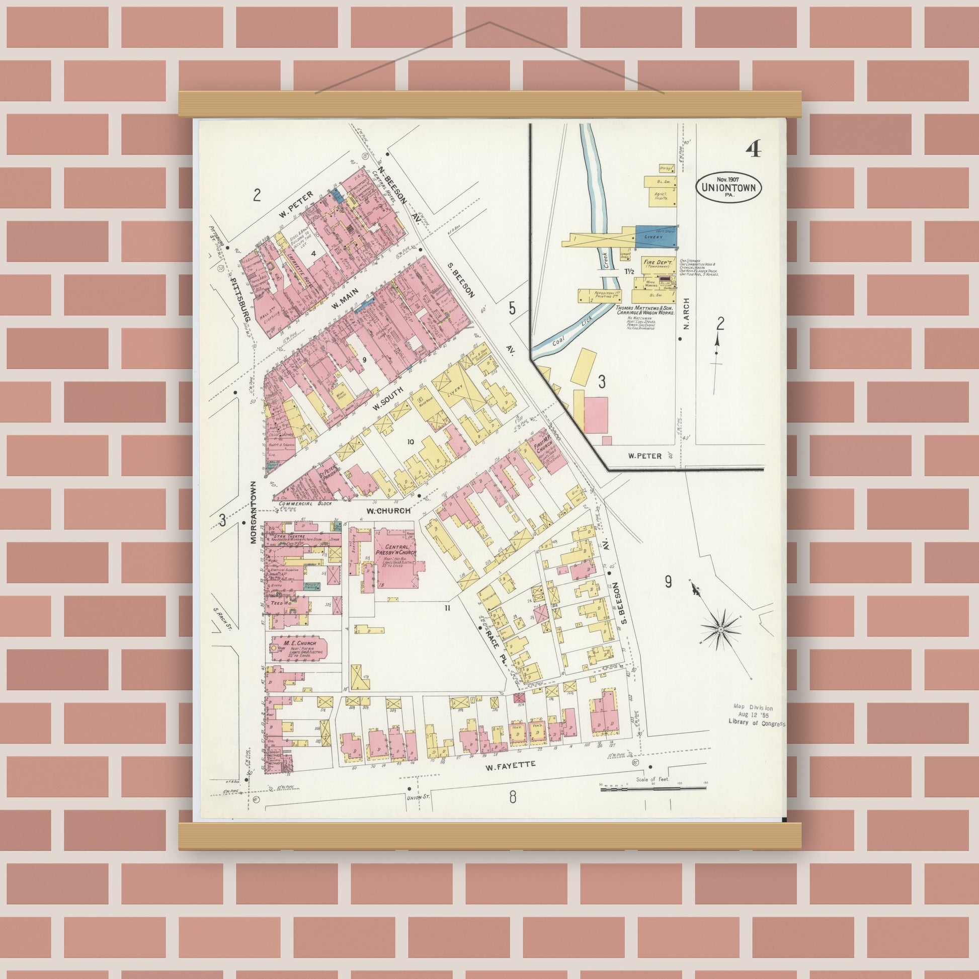 Old map wall art mockup — magnetic wood frame on brick wall — Sanborn Fire Insurance Map from Uniontown, Fayette County, Pennsylvania (1907), Sheet #0004
