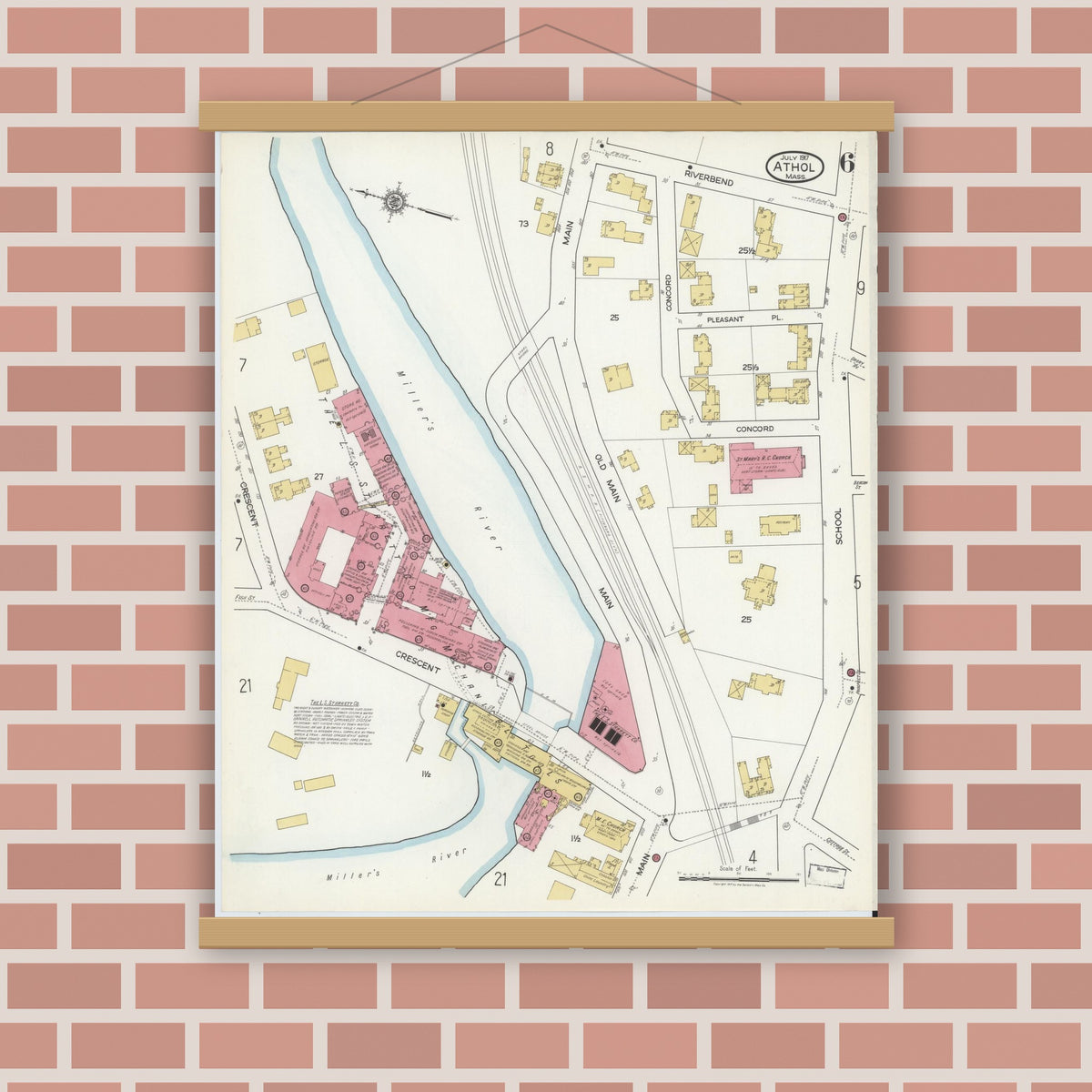 Old map wall art mockup — magnetic wood frame on brick wall — Sanborn Fire Insurance Map from Athol, Worcester County, Massachusetts (1917), Sheet #0006
