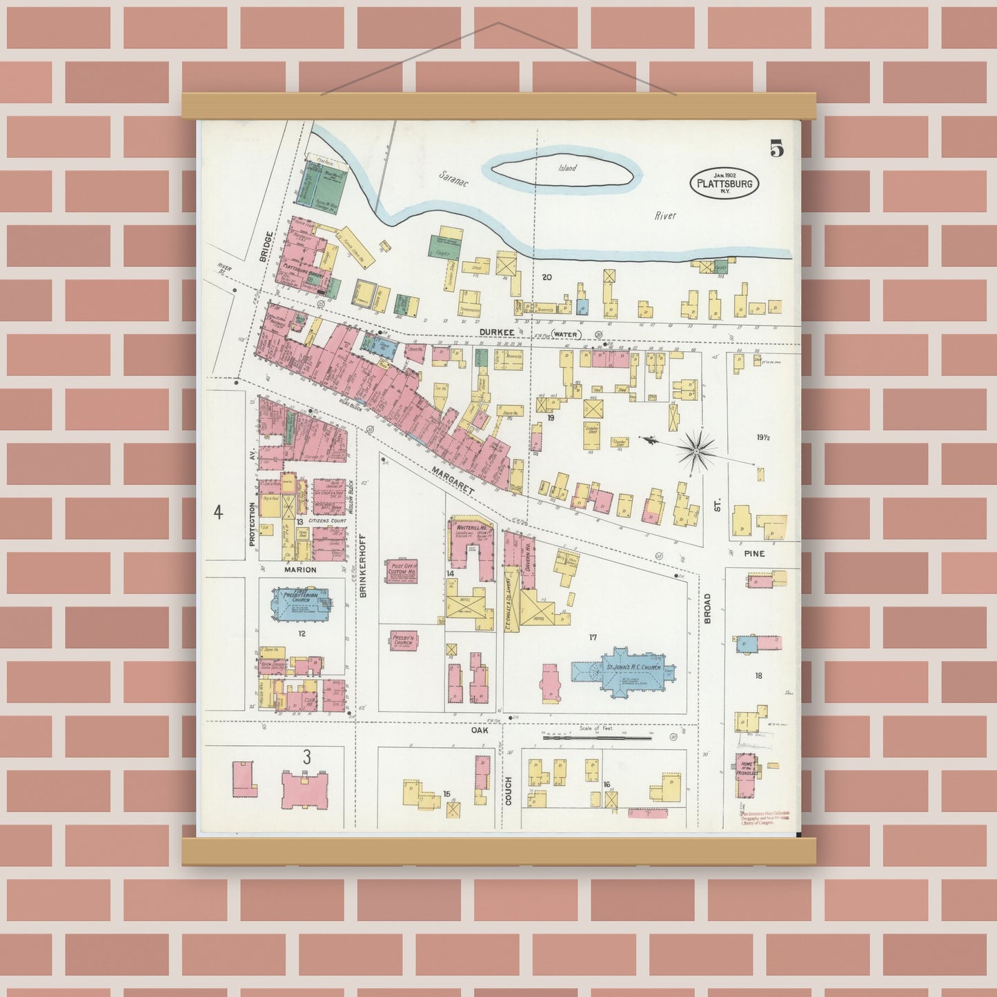 Old map wall art mockup — magnetic wood frame on brick wall — Sanborn Fire Insurance Map from Plattsburg, Clinton County, New York (1902), Sheet #0005