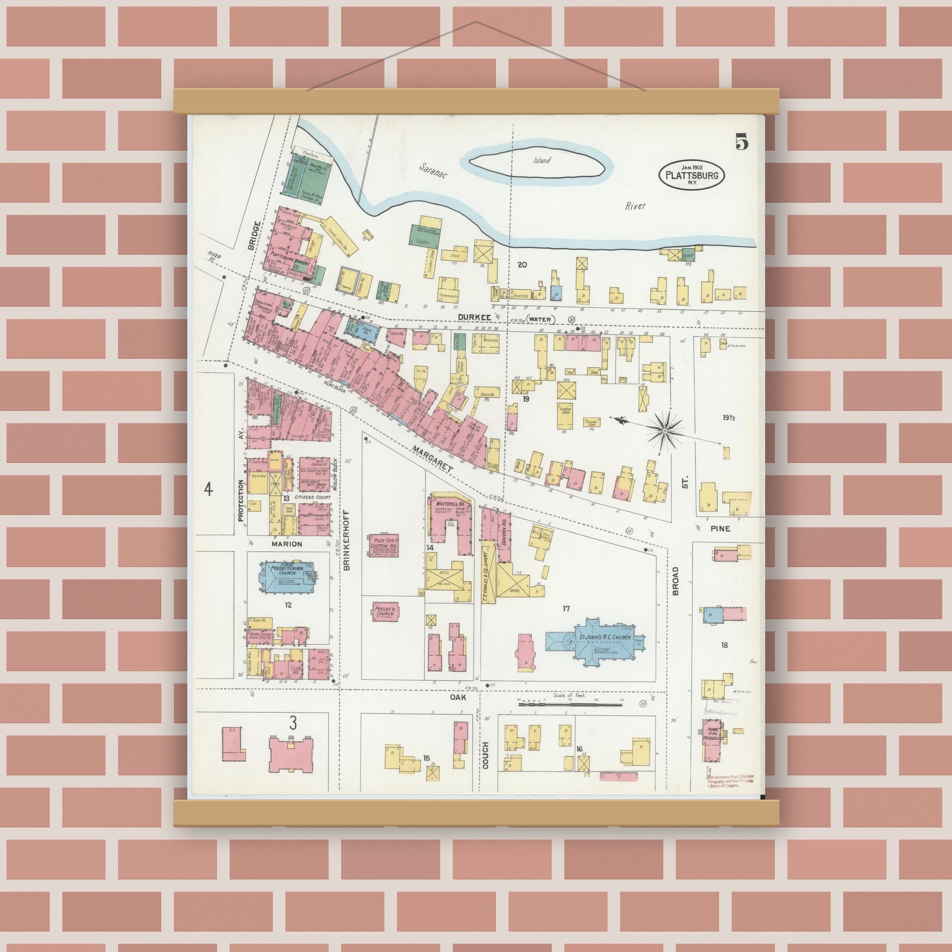 Old map wall art mockup — magnetic wood frame on brick wall — Sanborn Fire Insurance Map from Plattsburg, Clinton County, New York (1902), Sheet #0005