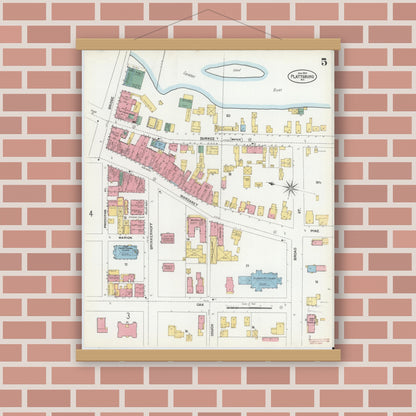 Old map wall art mockup — magnetic wood frame on brick wall — Sanborn Fire Insurance Map from Plattsburg, Clinton County, New York (1902), Sheet #0005