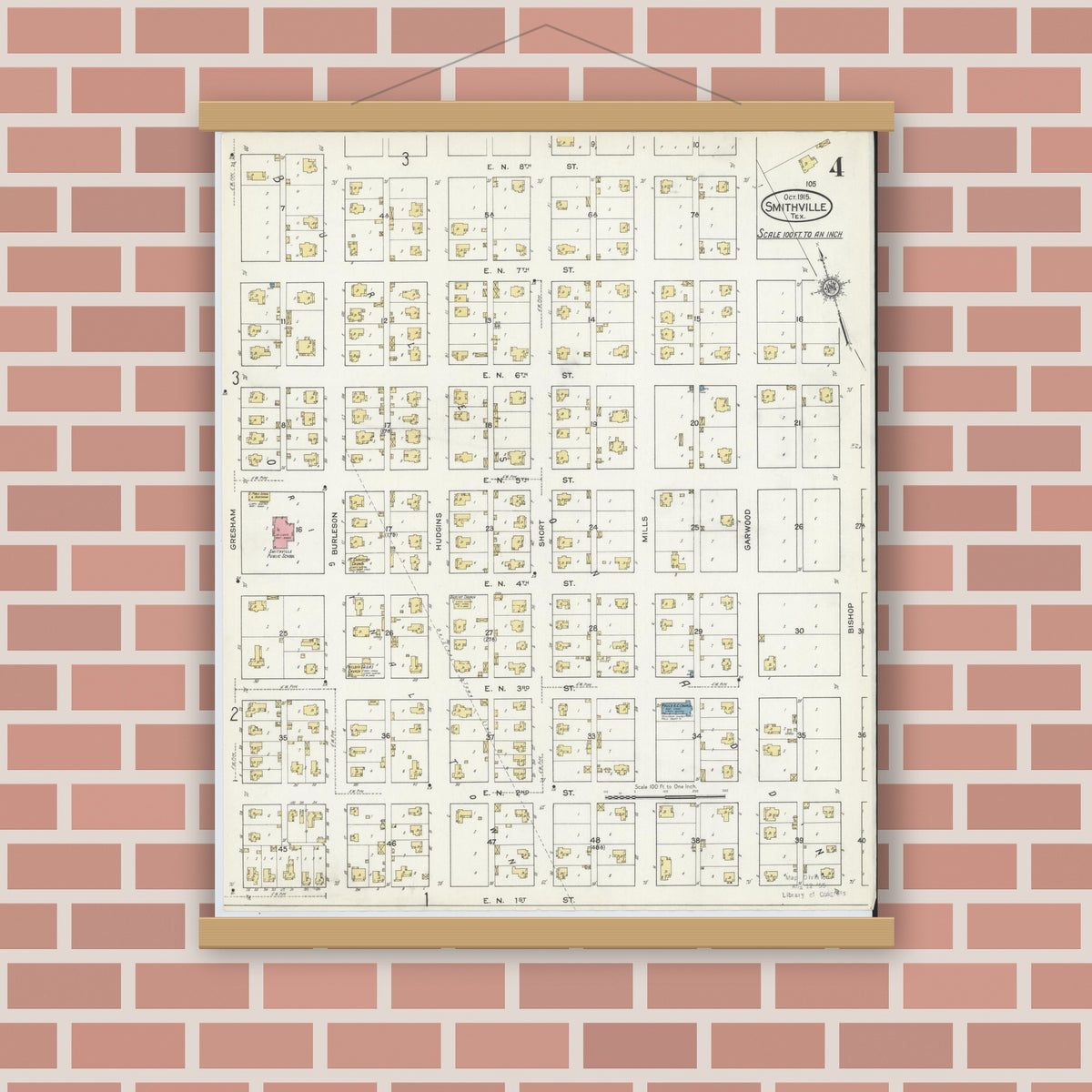 Old map wall art mockup — magnetic wood frame on brick wall — Sanborn Fire Insurance Map from Smithville, Bastrop County, Texas (1915), Sheet #0004