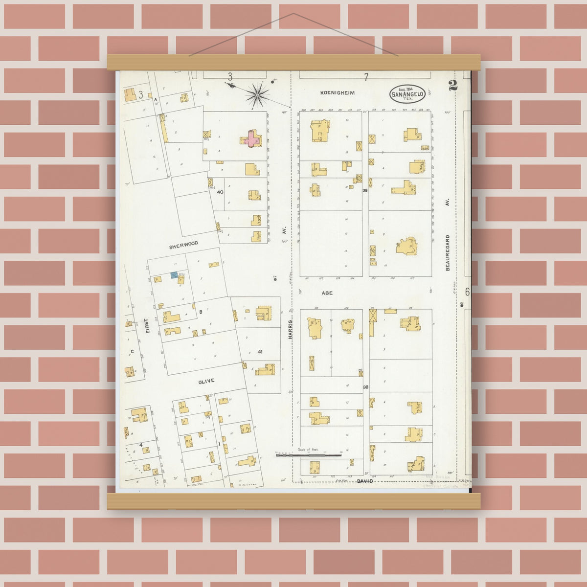 Old map wall art mockup — magnetic wood frame on brick wall — Sanborn Fire Insurance Map from San Angelo, Tom Green County, Texas (1904), Sheet #0002