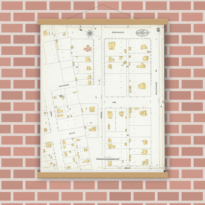 Old map wall art mockup — magnetic wood frame on brick wall — Sanborn Fire Insurance Map from San Angelo, Tom Green County, Texas (1904), Sheet #0002