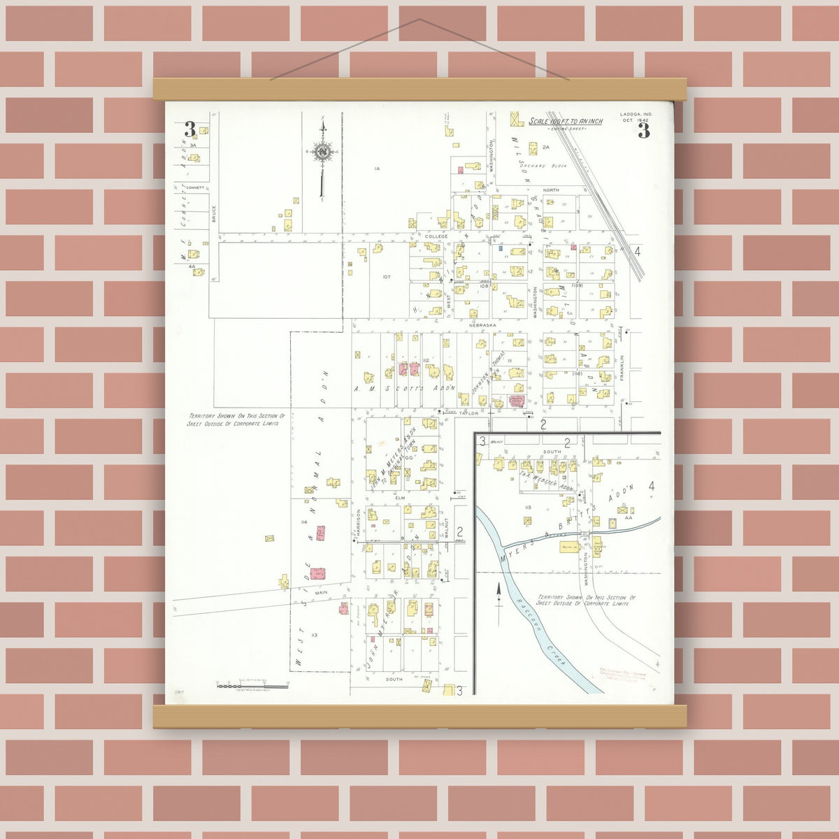 Old map wall art mockup — magnetic wood frame on brick wall — Sanborn Fire Insurance Map from Ladoga, Montgomery County, Indiana (1942), Sheet #0003