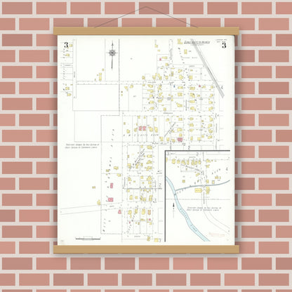 Old map wall art mockup — magnetic wood frame on brick wall — Sanborn Fire Insurance Map from Ladoga, Montgomery County, Indiana (1942), Sheet #0003