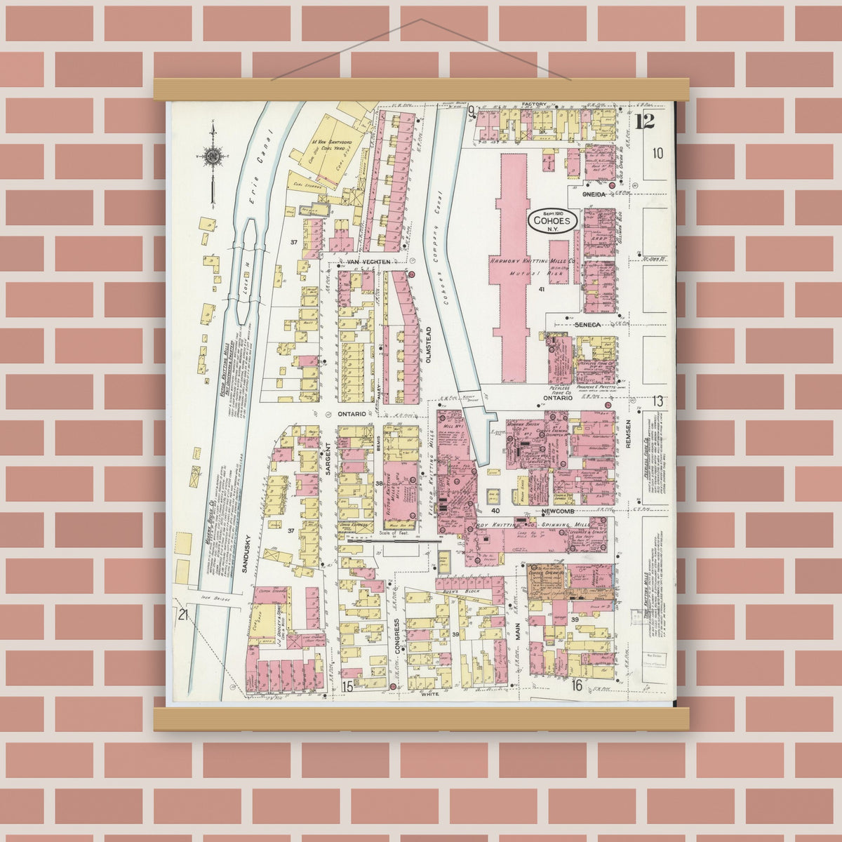 Old map wall art mockup — magnetic wood frame on brick wall — Sanborn Fire Insurance Map from Cohoes, Albany County, New York (1910), Sheet #0013