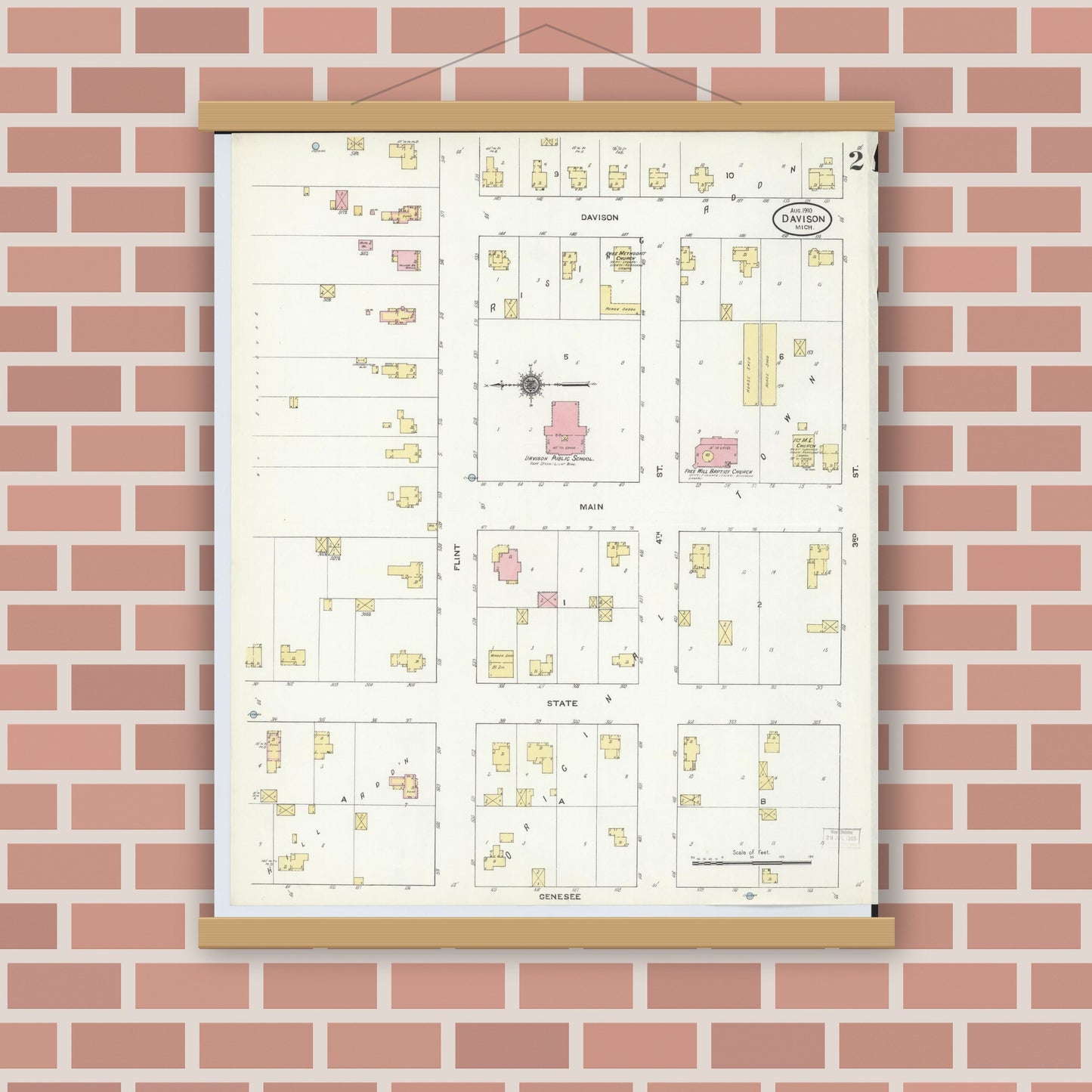 Old map wall art mockup — magnetic wood frame on brick wall — Sanborn Fire Insurance Map from Davison, Genesee County, Michigan (1910), Sheet #0002
