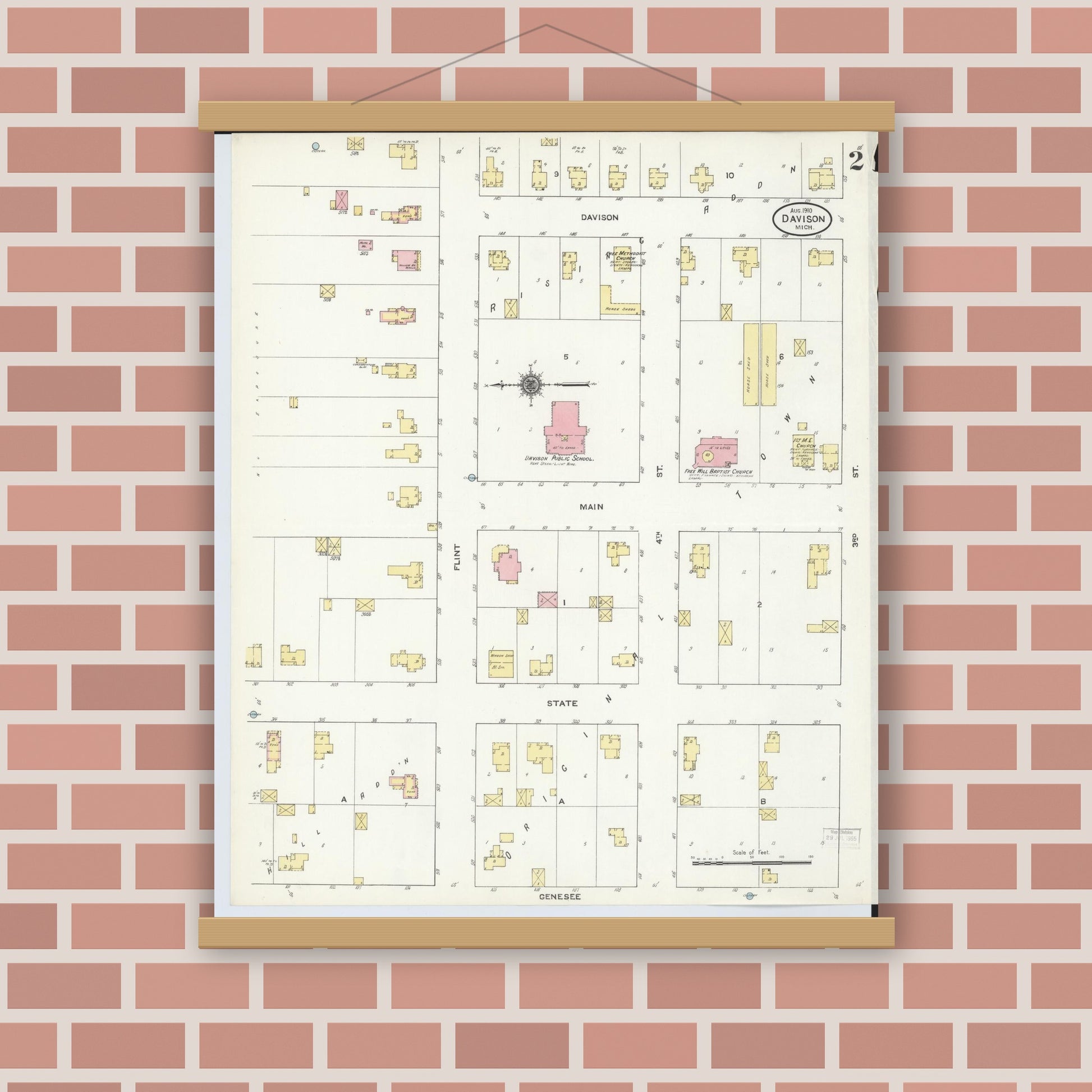 Old map wall art mockup — magnetic wood frame on brick wall — Sanborn Fire Insurance Map from Davison, Genesee County, Michigan (1910), Sheet #0002